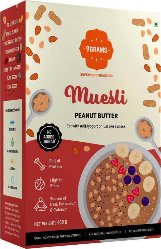 9grams by 9GRAMS Wholegrain & Peanut butter Muesli | Sugar Free | 12g Protein per serving | Use as Breakfast Cereal or Healthy Snack | with fruits & seeds Box  (400 g)