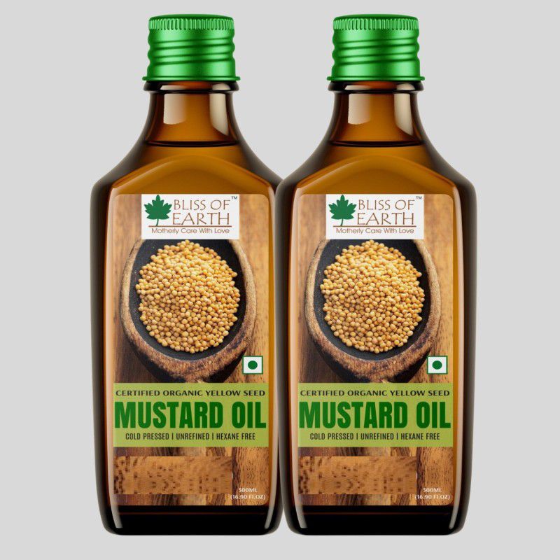 Bliss of Earth 1LTR Certified Organic Yellow Seed Mustard Oil For Cooking Mustard Oil Plastic Bottle  (2 x 500 ml)
