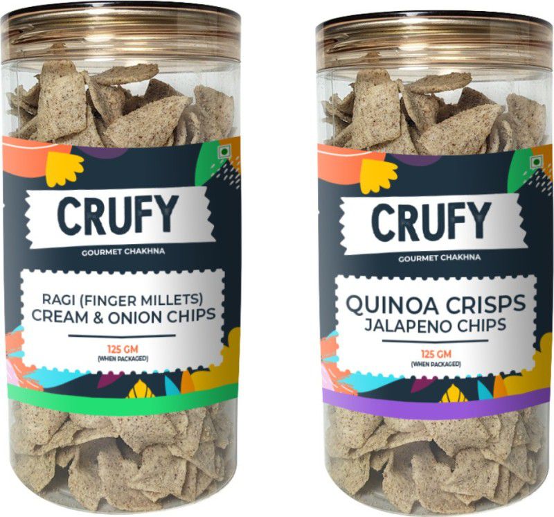 CRUFY Snacks Combo of 2|Ragi Cream & Onion Chips + Quinoa Crisps Jalapeno, 125gm Each  (2 x 125 g)