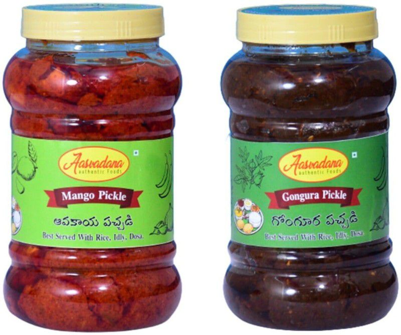 Aasvadana-Authentic Sweets Mango and Gongura Pickle Raw Mango(Kairi), Gongura, Garlic Pickle  (2 x 500 g)