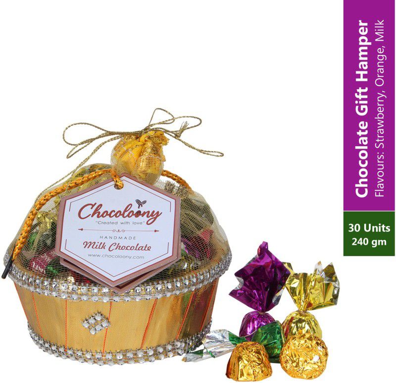 Chocoloony Chocolate Basket Gift Hamper 30pcs (240gm) Chocolate Flavours Mango, Strawberry & Milk Caramels  (30 Units)
