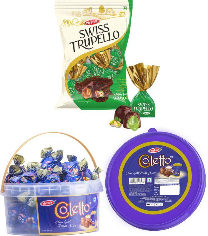 MyFruit Coletto Chocolate Filled with Vanilla Cream (Plastic Box) and Swiss Trupello Chocolate Truffles Center filled with Pistachio Cream/ Chocolate Packet Gift/ Chocolate Gift Box for Festivals Truffles  (2 x 60 Units)