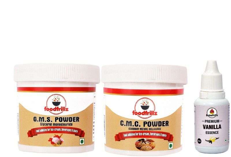 foodfrillz CMC Powder (40 g), GMS Powder (40 g) & Vanilla Food Essence (20 ml) Glycerol Monostearate (GMS) Powder  (3 x 33.33 g)