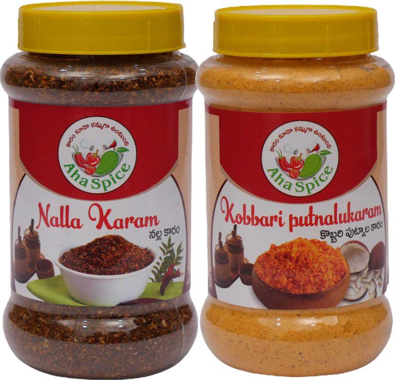 AHA NALLA Karam 250Grams and COCONUT-CHANA DAL(Kobbari putnalu) powder 250Grams Red Chilli, Coconut Pickle  (2 x 250 g)