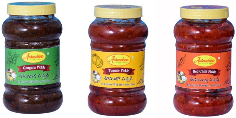 Aasvadana-Authentic Sweets Gongura, Tomato and Red Chilli Pickle Gongura, Tomato, Red Chilli Pickle  (3 x 500 g)