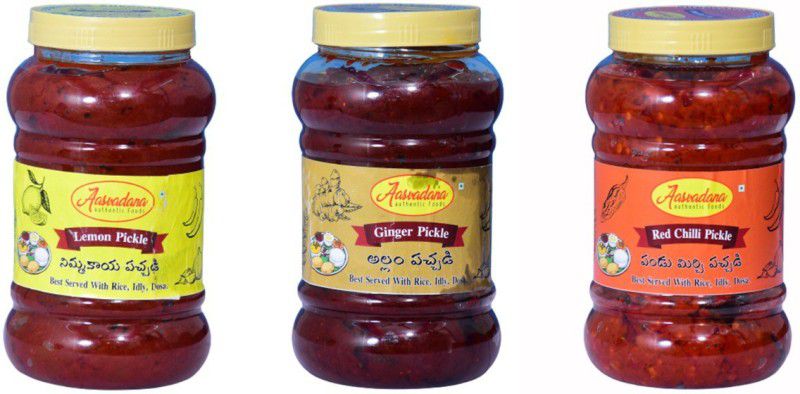 Aasvadana-Authentic Sweets Lemon, Ginger and Red Chilli Pickle Lemon, Ginger, Red Chilli Pickle  (3 x 500 g)