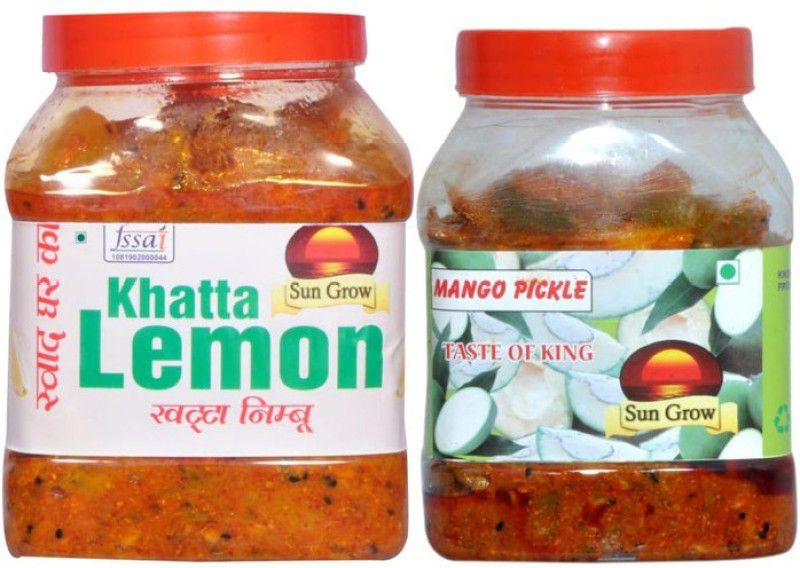 Sun Grow Combo of Organic Homemade Spicy Masala Punjabi Lemon Pickle Khatta Nimbu & Organic Homemade Spicy Punjabi Mango Pickle Aam Ka Achaar Peeled Without Seed (1 Kg Each, Pack of 2) Lemon, Mango Pickle  (2 x 1 kg)