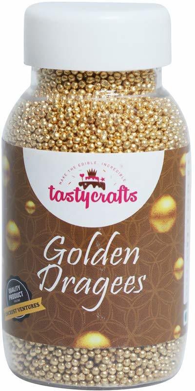 TastyCrafts Golden Dragees | Decorative Balls for Cake décor | 100 GM | Size - Very Small Topping Semi Solid