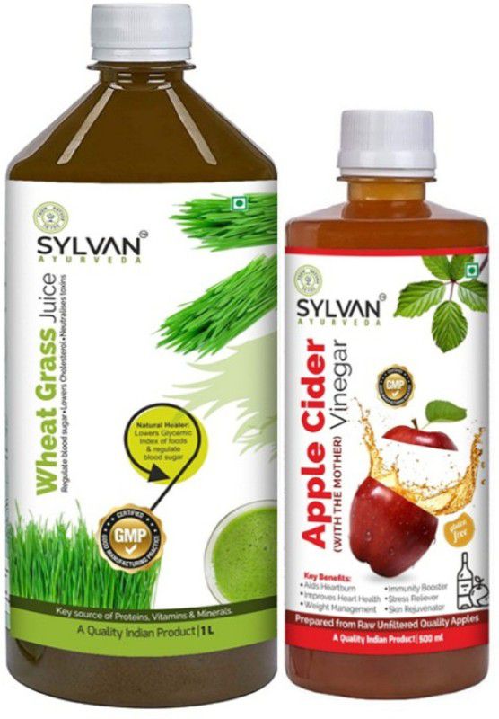 SYLVAN AYURVEDA WHEAT GRASS JUICE 1L WITH APPLE CIDER VINEGAR JUICE 500ML | PACK OF 2  (2 x 750 ml)