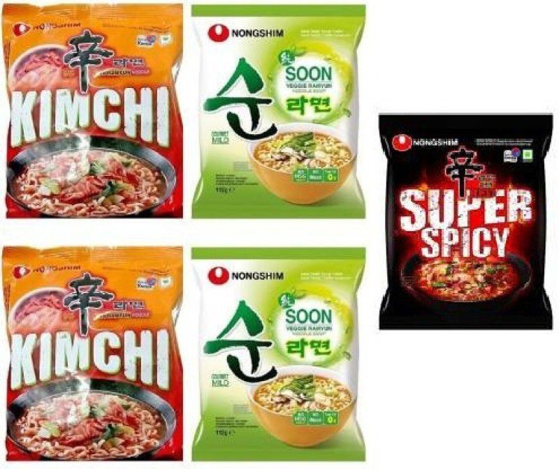 Nongshim Red Super Spicy noodles 120 & kimchi Koreans Instsnt Noodles 2X120gm & Veggi 2X120 (Imported) (Combo Pack) ( Pack of 5) Instant Noodles Vegetarian  (5 x 120 g)