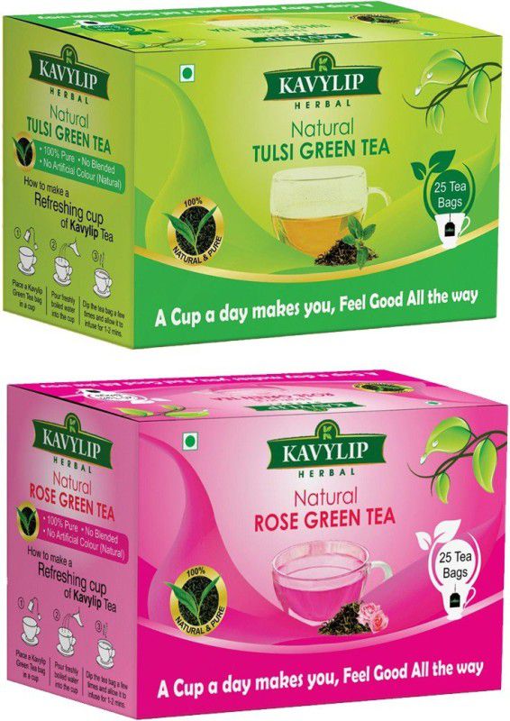 kavylip Tulsi and Rose Green Tea Combo Pack Tulsi, Rose Green Tea Bags Box  (50 x 1 Bags)