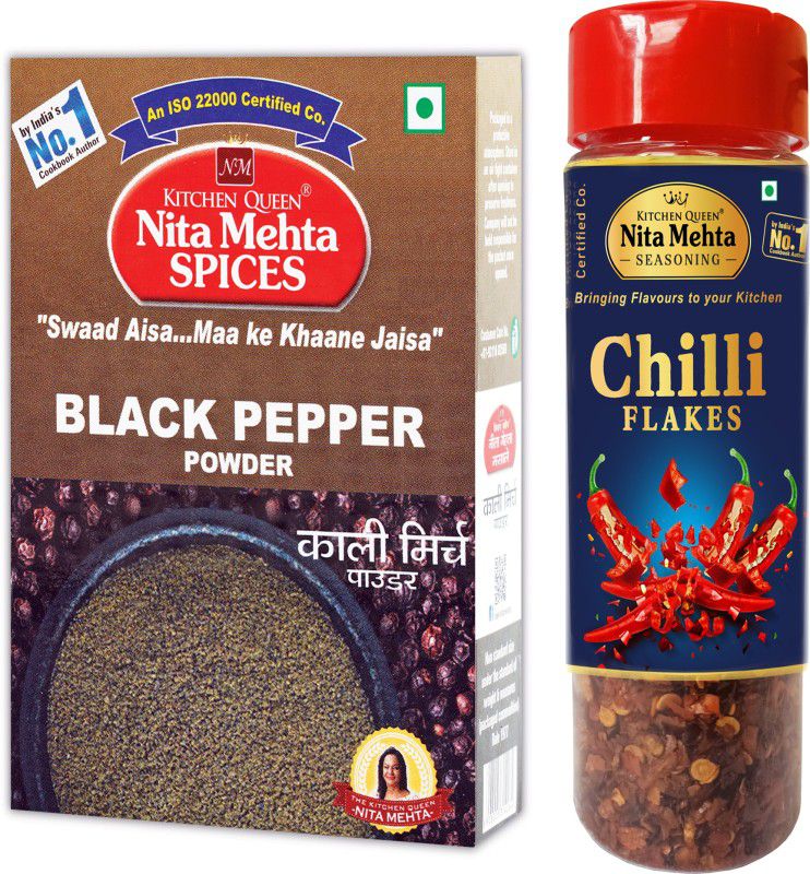 KITCHEN QUEEN NITA MEHTA Combination Of Black Pepper Powder 100g | Chilli Flakes Seasoning Sprinkler 30g Combo  (2)