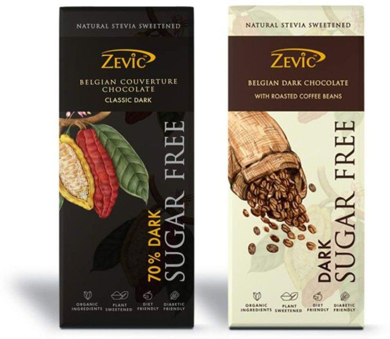 Zevic Sugar Free 70% Dark Belgian Couverture, Roasted Coffee Beans Chocolate Bars  (2 x 40 g)