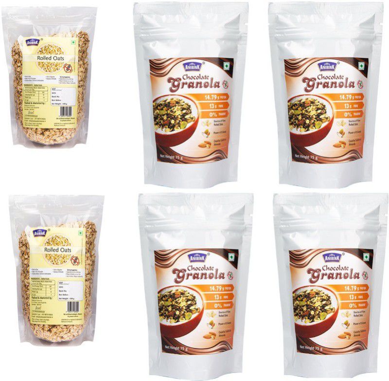 Anirink Rolled Oats 500g and Chocolate Granola 75g Combo - (Pack of 6) Combo  (Rolled Oats 1000g pack of 2, Chocolate Granola 300g pack of 4)