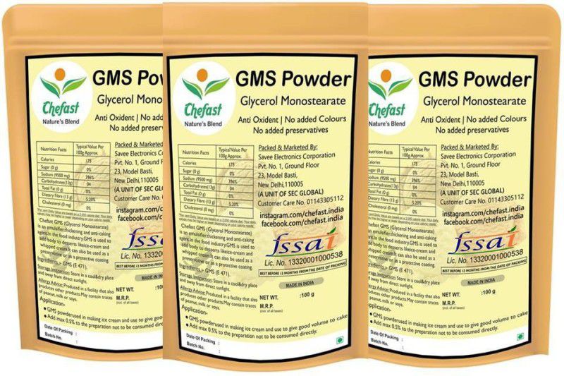 Chefast GMS Powder (Glycerol Monostearate) 300G for Ice Creams, Food Grade, GMS Powder for Making Soft, Smooth and Creamy, Anti Caking and Instant Cake Premixes Glycerol Monostearate (GMS) Powder  (3 x 100 g)