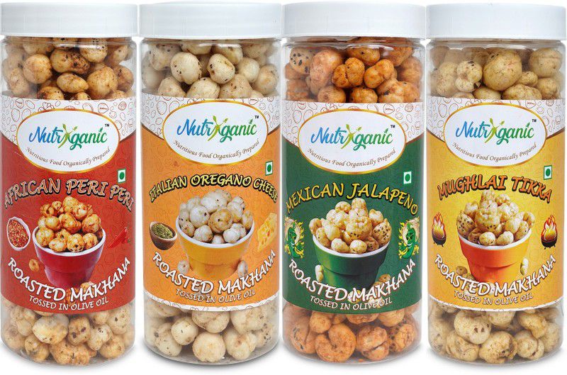 NUTRYGANIC Roasted Makhana African Peri Peri| Italian Oregano Cheese| Mexican Jalapeno| Mughlai Tikka Flavoured Foxnuts Pack of 4 (4*100g)  (4 x 100 g)