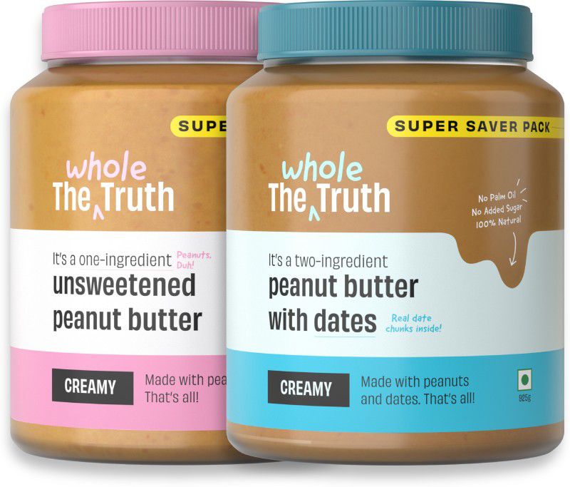 The Whole Truth - Unsweetened Peanut Butter+Peanut Butter with Dates - SUPER SAVER Creamy Combo- 1.85 kg  (Pack of 2)
