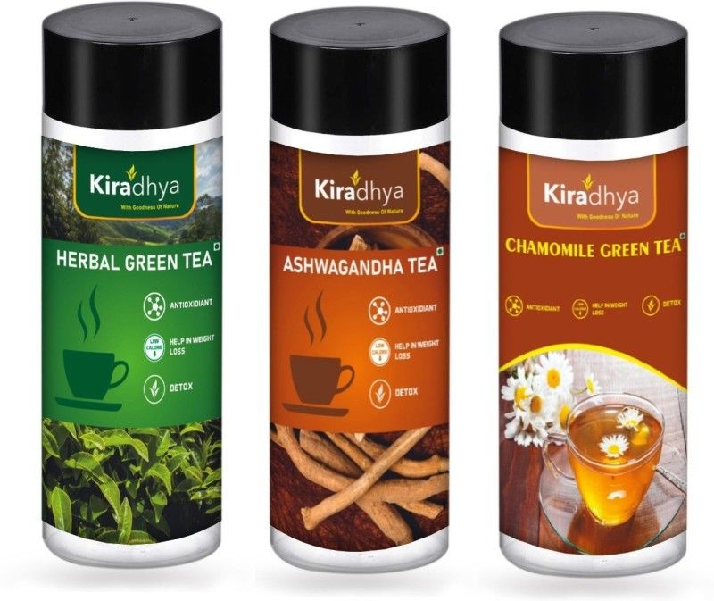 Kiradhya Trading Herbal Green Tea + Ashwagandha Tea + Chamomile Green Tea 3X50 Gram Combo Chamomile Green Tea Plastic Bottle  (3 x 50 g)