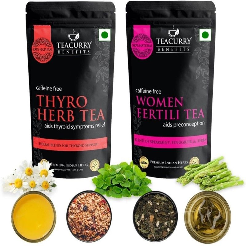 TEACURRY Thyro Fertility Support Tea for Women with Diet Charts - 100+100 Gms Loose Tea| Help in Regularize TSH, T3 and T4 Levels, Management Weight, Purifies Blood, Hormone Balance Mint Herbal Tea Pouch  (2 x 100 g)