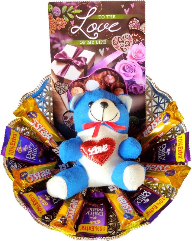 Cadbury Special Love Gift Basket | Cute Teddy and a beautiful love card with Chocolates and a Beautiful Heart Designed Basket Combo  (cadbury dairy milk -5, card - 1, 5 star - 6, teddy - 1)