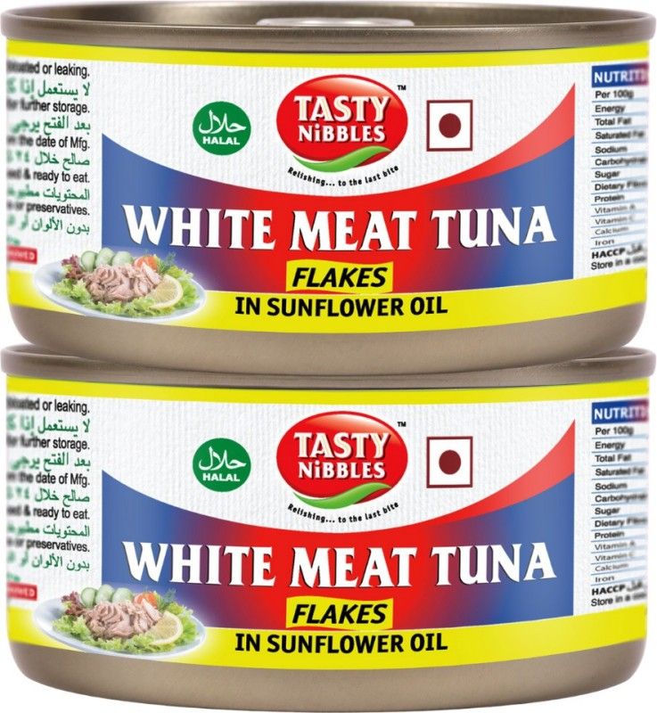 Tasty Nibbles White Meat Tuna Flakes in Sunflower Oil, 185g x 2 Sea Foods  (370 g, Pack of 2)