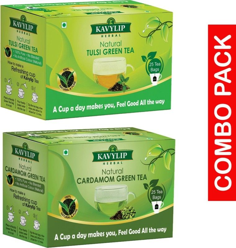 kavylip Tusli and Cardomom Green Tea Combo Pack Tulsi, Cardamom Green Tea Bags Box  (50 x 1 Bags)