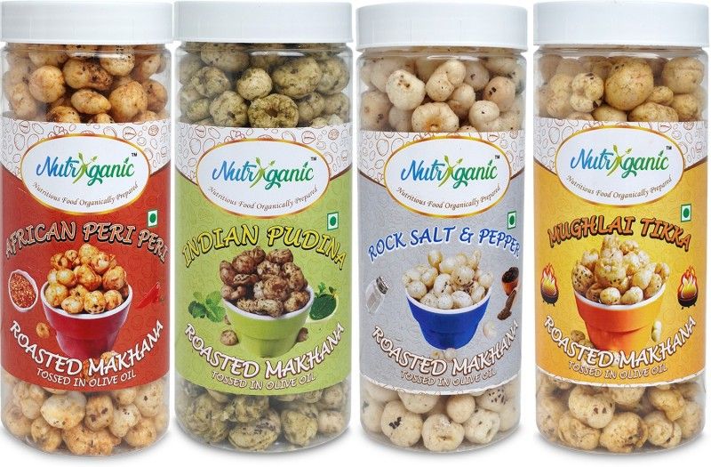 NUTRYGANIC Roasted Makhana African PeriPeri| Indian Pudina | Rock Salt Pepper| Mughlai Tikka Flavoured Foxnuts Pack of 4 (100g*4)  (4 x 100 g)