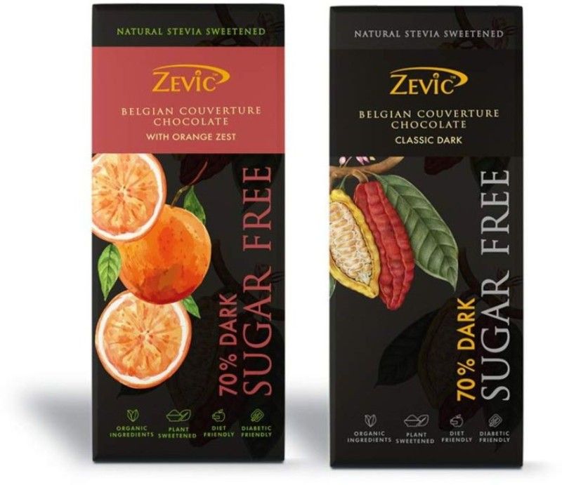Zevic 70% Belgian Sugar Free Dark Chocolate with Orange Zest and Stevia Bars  (2 x 40 g)