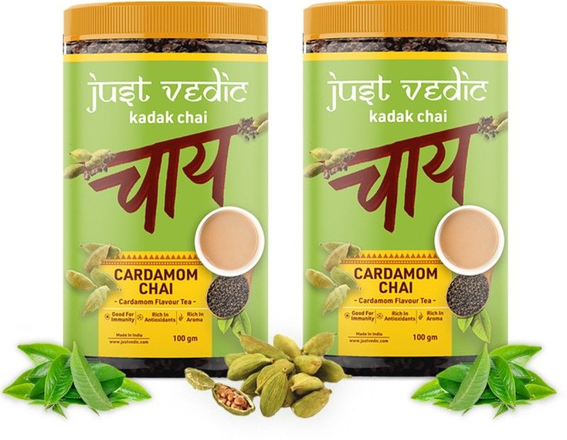 justvedic Cardamom Flavor Chai Tea (200 Grams |100 Cups) - for Blood Pressure, Digestion Cardamom Black Tea Tin  (2 x 100 g)
