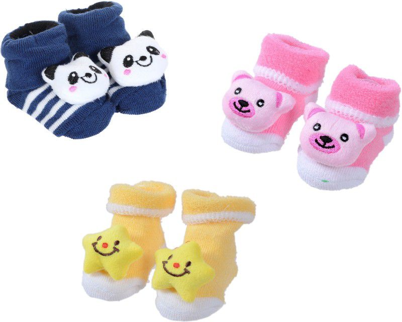 Shop Frenzy Shop Frenzy Born Baby Fancy Cartoon Face Socks Cum Shoes Booties (0-6 Months) Booties  (Toe to Heel Length - 9 cm, Dark Blue, Pink, Yellow)