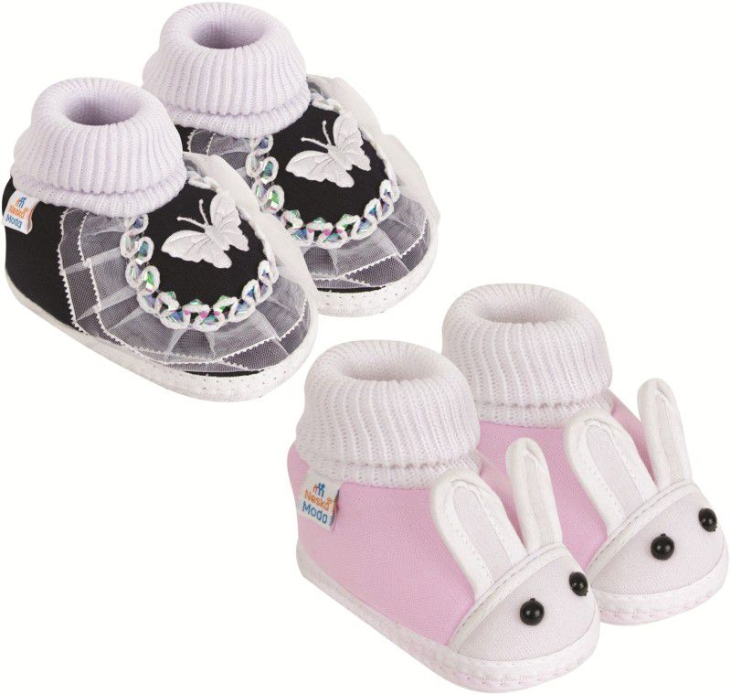 0 To 6 Months Baby Girls Pack of 2 Pair Cotton Butterfly Frill and Rabit Face Booties  (Toe to Heel Length - 10 cm, Black, Baby Pink)