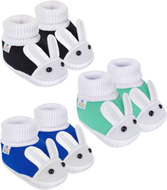 Neska Moda 6 To 12 Months Baby Boys & Girls Pack of 3 Pair Cotton Rabbit Face Slip On Booties  (Toe to Heel Length - 12 cm, Black, Blue, Light Green)