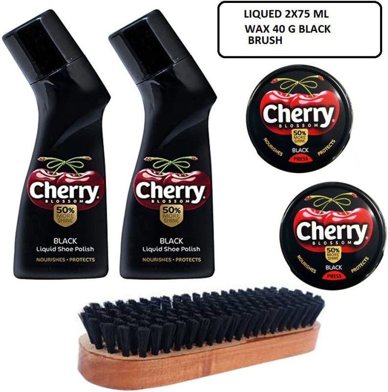 Cherry Blossom Blossom Black Liquid Shoe Polish 2X75ml & Black Press 2X40g With Shoe Brush Leather Shoe Wax Polish  (Black)