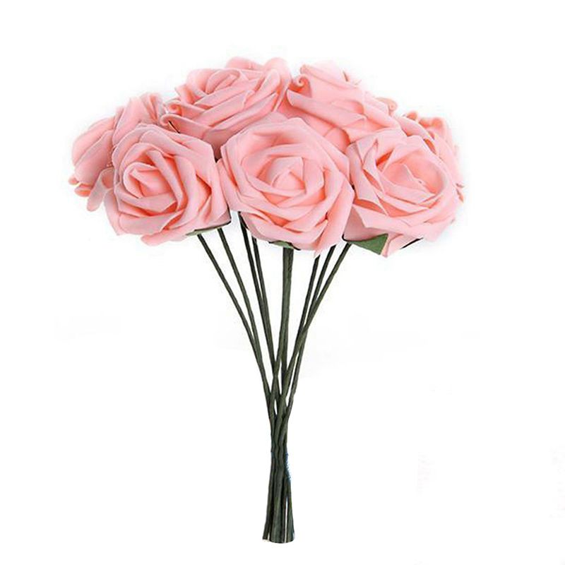 10Pcs Artificial Flower Foam Rose Wedding Bridesmaid Bridal Bouquet Party Decor Light Pink