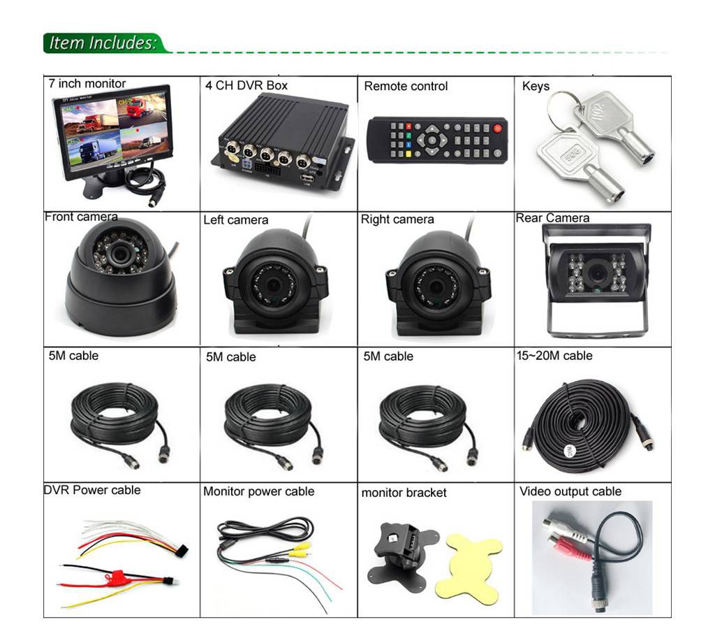 4CH Car DVR Video Recorder Box +7" Car Monitor W/CCD 4X Camera For Truck Van Bus
