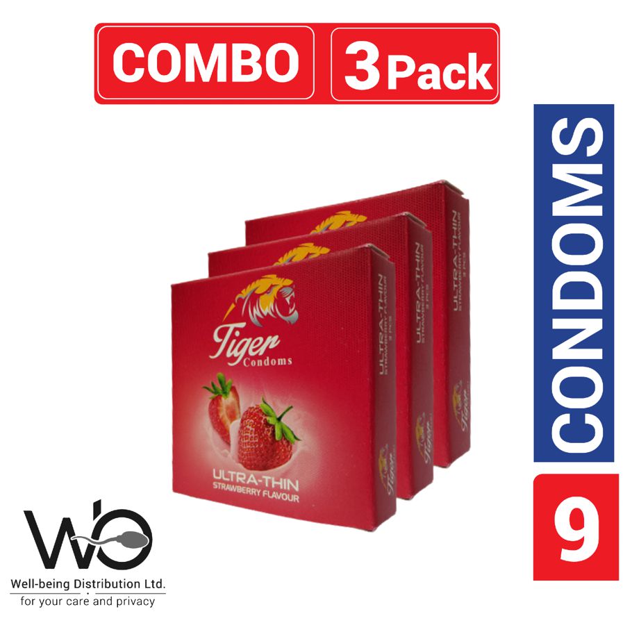 Tiger - Ultra Thin Strawberry Flavour Condom - Combo Pack - 3 Packs - 3x3=9pcs (টাইগার স্ট্রবেড়ী কনডম)