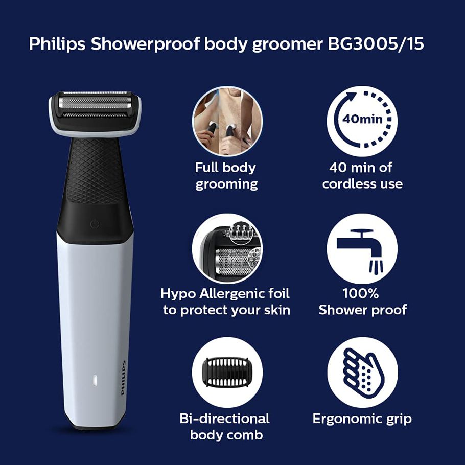 PHILIPS BG3005/15 Cordless Bodygroomer - Skin Friendly, Showerproof, Full Body Hair Shaver and Trimmer