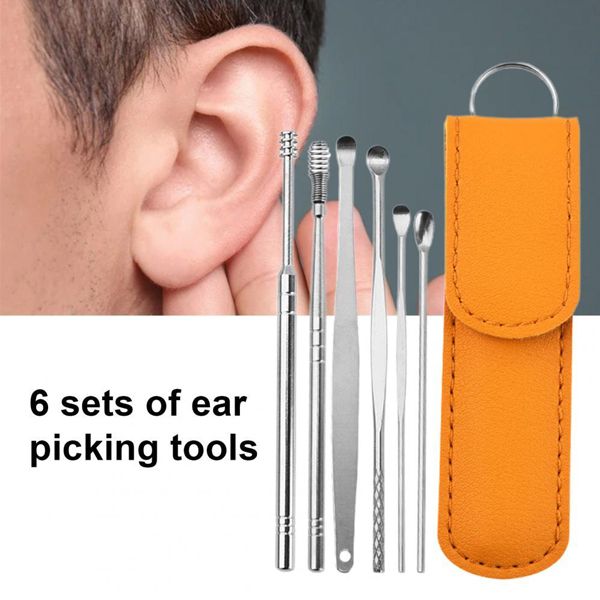 6PCS Ear Pick Set Portable Ear Cleaner Set Stainless Steel With Lather Case-1Pcs