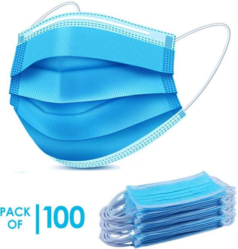 KGKR Surgical Mask With Melt Blown Fabric Layer Blue-100 Reusable, Washable Surgical Mask With Melt Blown Fabric Layer  (Blue, Free Size, Pack of 100, 3 Ply)