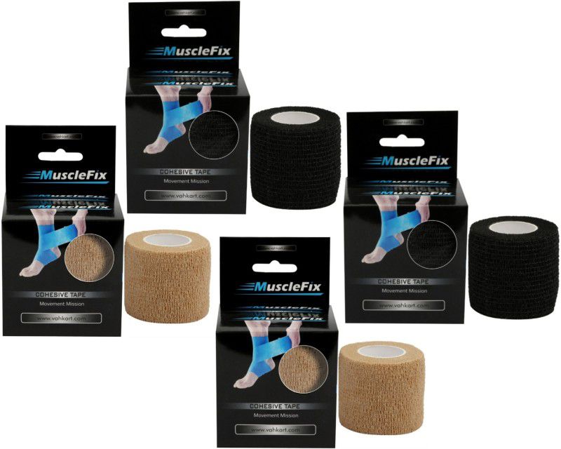 MuscleFix Cohesive Crepe Bandage, Self Adhesive Tape (5 cm X 4.5 m Pack of 4)Beige & Black Crepe Bandage