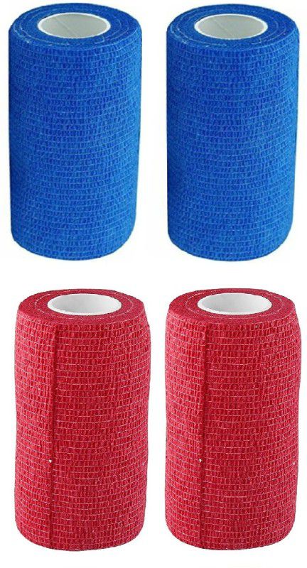 A-TAPE Self Adhesive Bandage Cohesive Blue & Red (10 cm X 4.5 meters, Pack of 4) Elastic Crepe Bandage