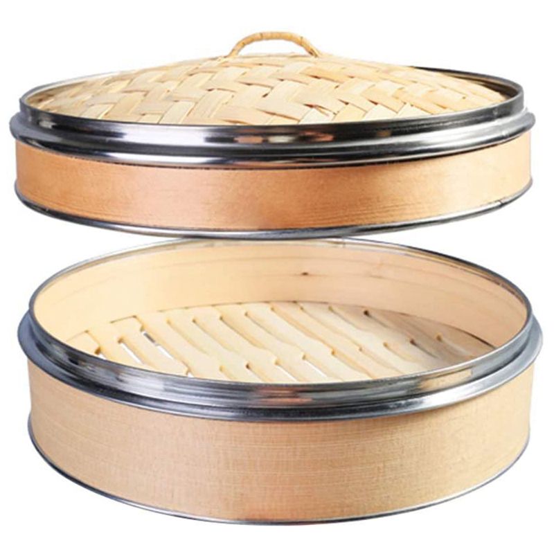 2 Tier Kitchen Wood Steamer with Double Stainless Steel Banding for Asian Cooking Buns Dumplings Vegetables Fish Rice