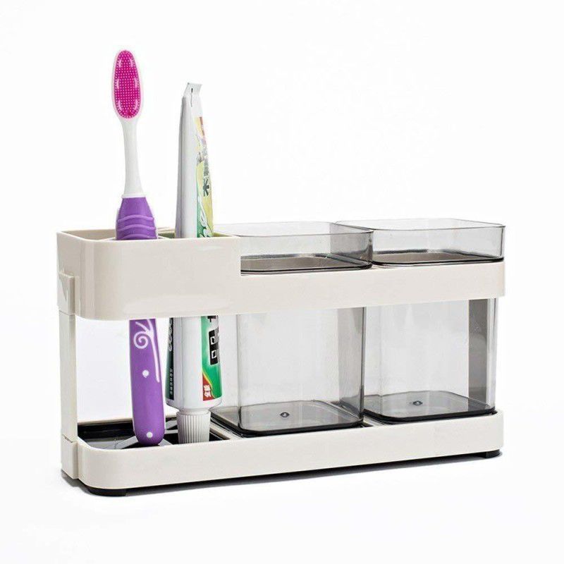 SeaRegal 2 Cup Toothbrush Toothpaste Stand Holder Bathroom Storage Organizer 4 Slots for Toothbrush, Plastic Plastic Toothbrush Holder  (Wall Mount)