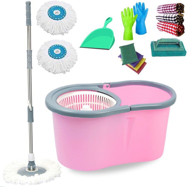 V-MOP Premium Pink Plastic Dry Magic Spin Bucket Mop Set (( 6 Months Warranty on Rod )) Mop Set, Duster, Bucket, Mop, Cleaning Wipe, Scrub Pad - A-47 Wet & Dry Mop  (Multicolor)