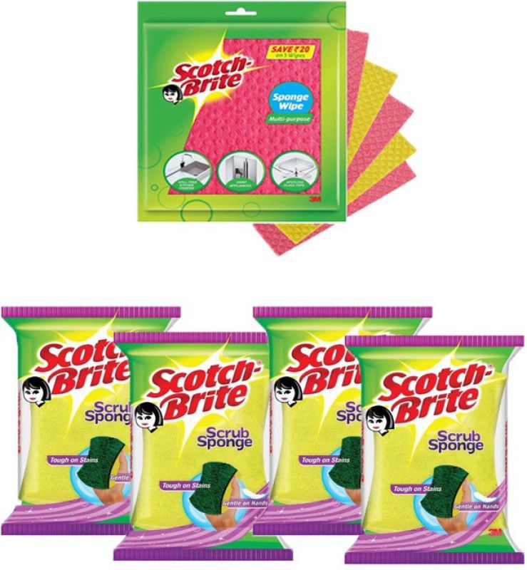 SCOTCH BRITE Combo of (Sponge Wipe Pack of 5 + Scrub Sponge Pack of 4 Pc) Scrub Sponge, Sponge Wipe  (Large, Pack of 9)