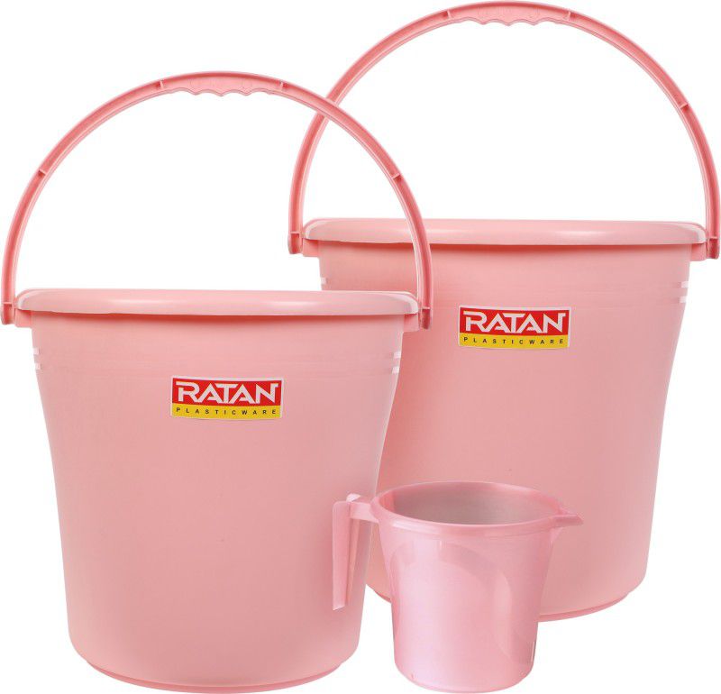 RATAN 3 Pieces Bathroom Set 2 Frosty Bucket 18L + 1 Frosty Mug 1500ml Plain - Peach 18 L Plastic Bucket  (Pink)