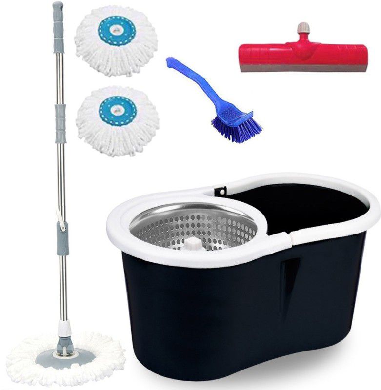 V-MOP Premium Black Steel Dry Magic Spin Bucket Mop Set (( 6 Months Warranty on Rod )) Mop Set, Duster, Bucket, Mop, Cleaning Wipe, Scrub Pad-A288 Wet & Dry Mop  (Multicolor)