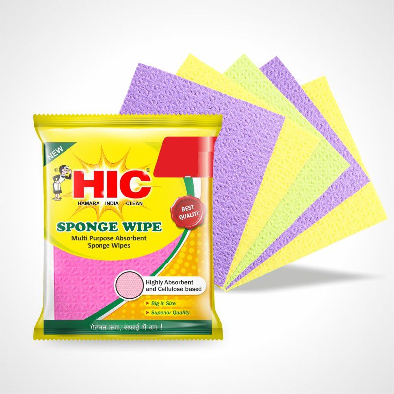 HIC Sponge Wipe Washable with Super absorbant Biodegradable Cellulose for Kitchen Wet and Dry Sponge Cleaning Cloth  (5 Units)