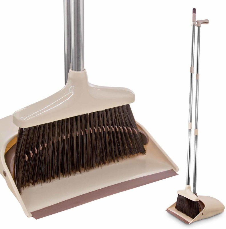 Famingo FAMINGO Heavy Duty Upright Standing Dustpan With Extendable Broomstick Plastic Dustpan  (Brown)