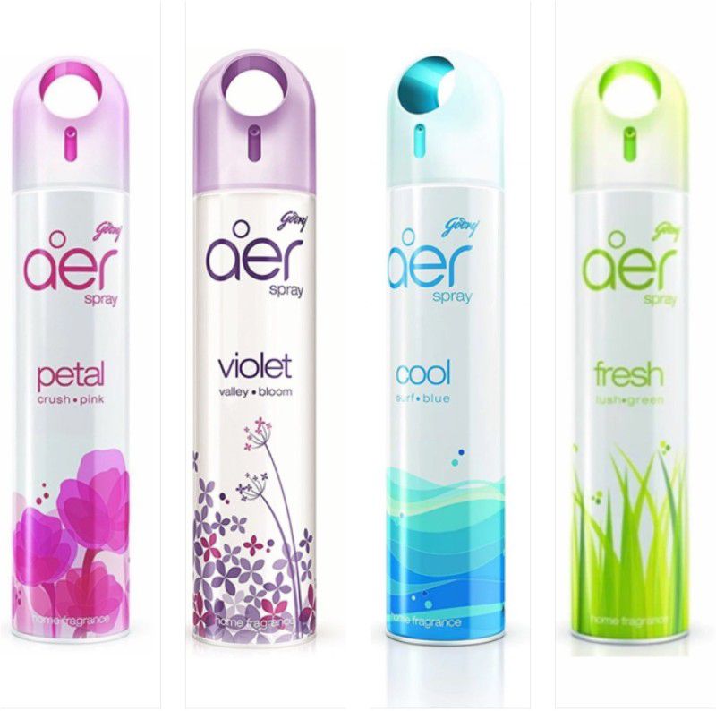Godrej Aer Petal Crush Pink, Violet Valley Bloom, Cool Surf Blue & Fresh Lush Green Home Fragrance Spray  (4 x 270 ml)